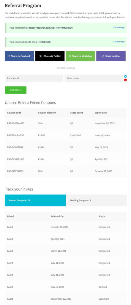 WooCommerce Refer a friend Display Settings Referral Program Landing page