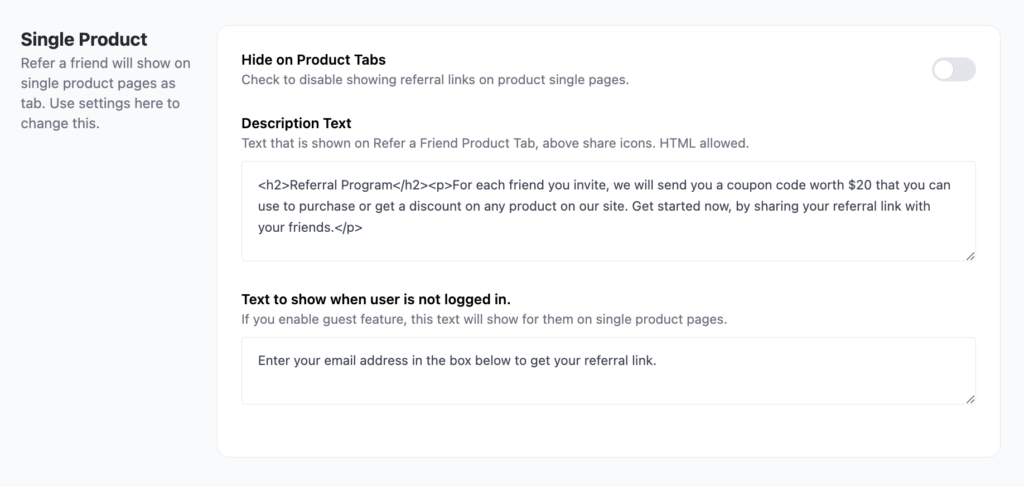 WooCommerce Refer a friend Display Settings Landing page