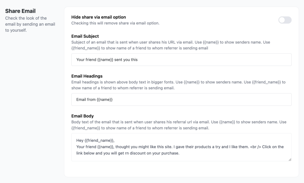 WooCommerce Refer a friend Email Settings Share Email