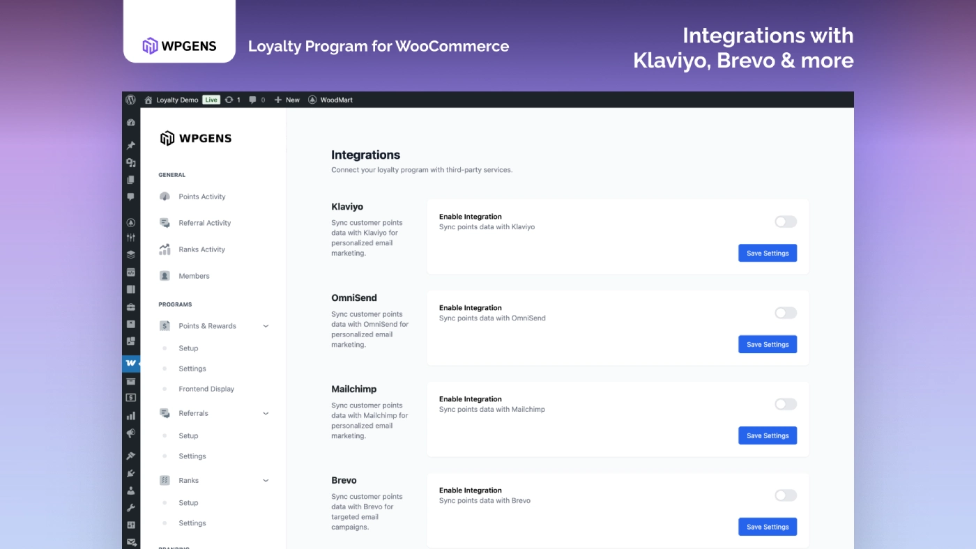 WooCommerce loyalty program marketing integrations dashboard