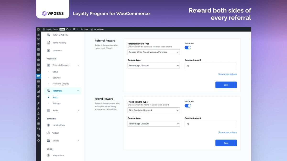 WooCommerce referral program features and settings dashboard