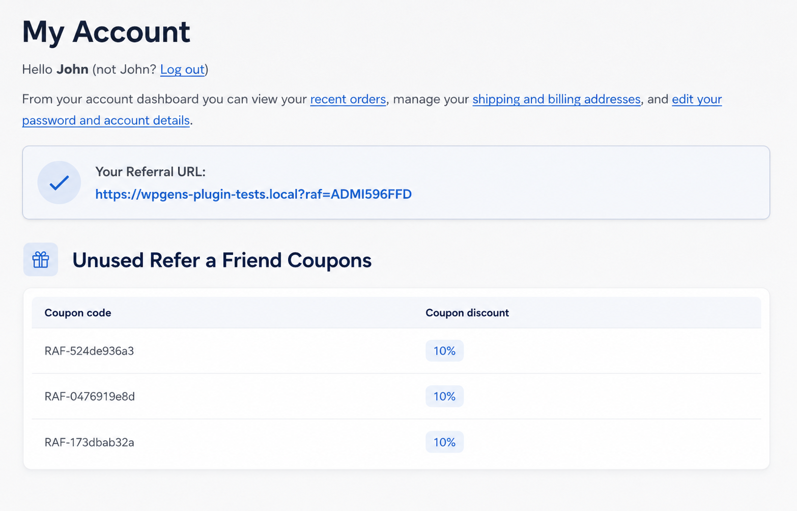 WooCommerce Refer a Friend (Free) - My Account page with referral URL and unused coupons