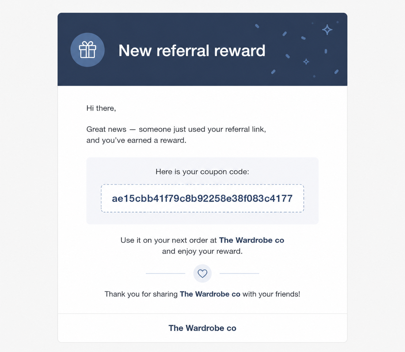 Coupon email sent to the referrer when an order is completed