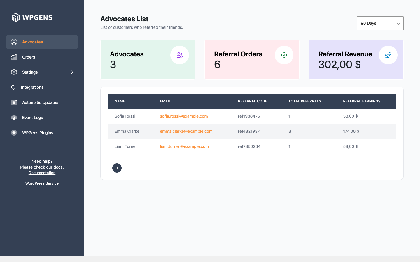 Advocates screen with totals and the advocates list