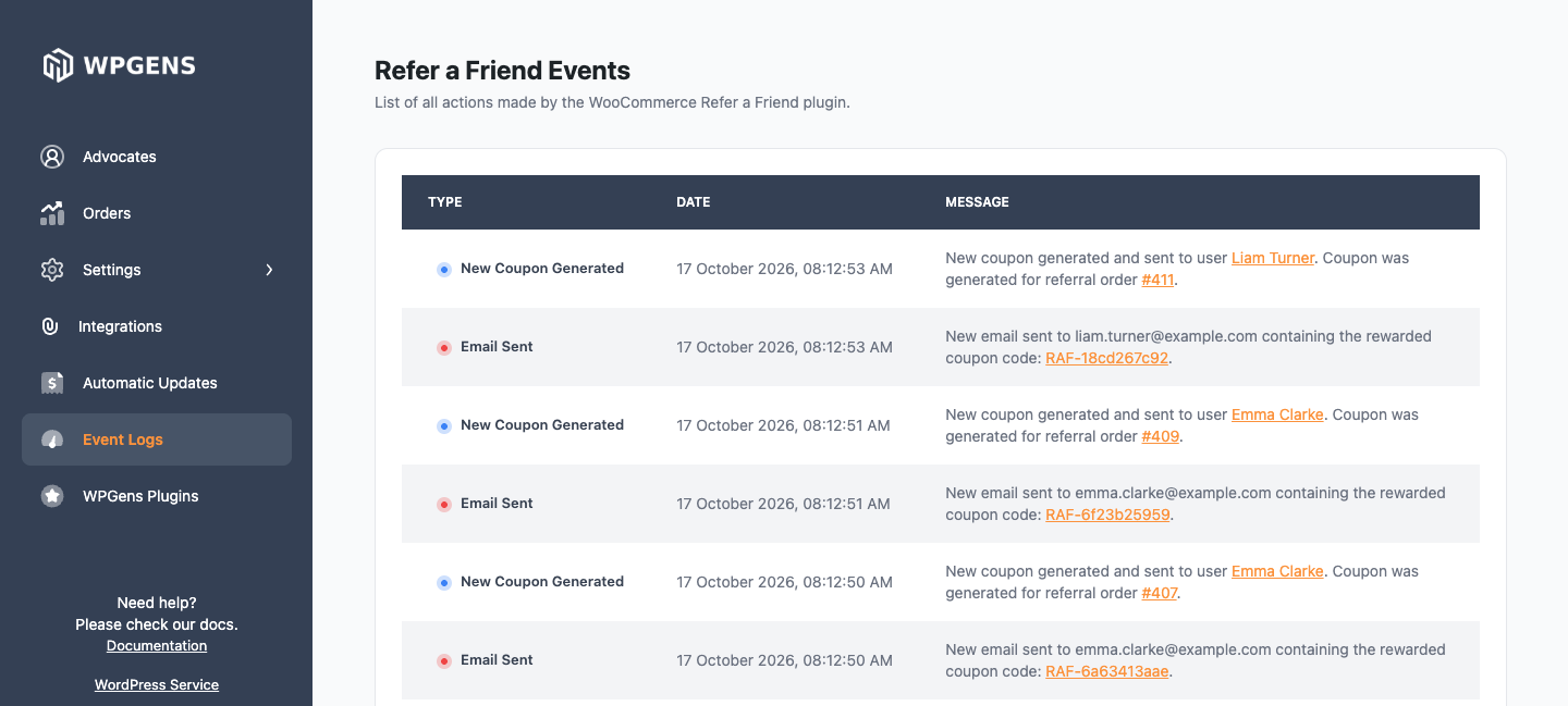 Refer a Friend Events screen