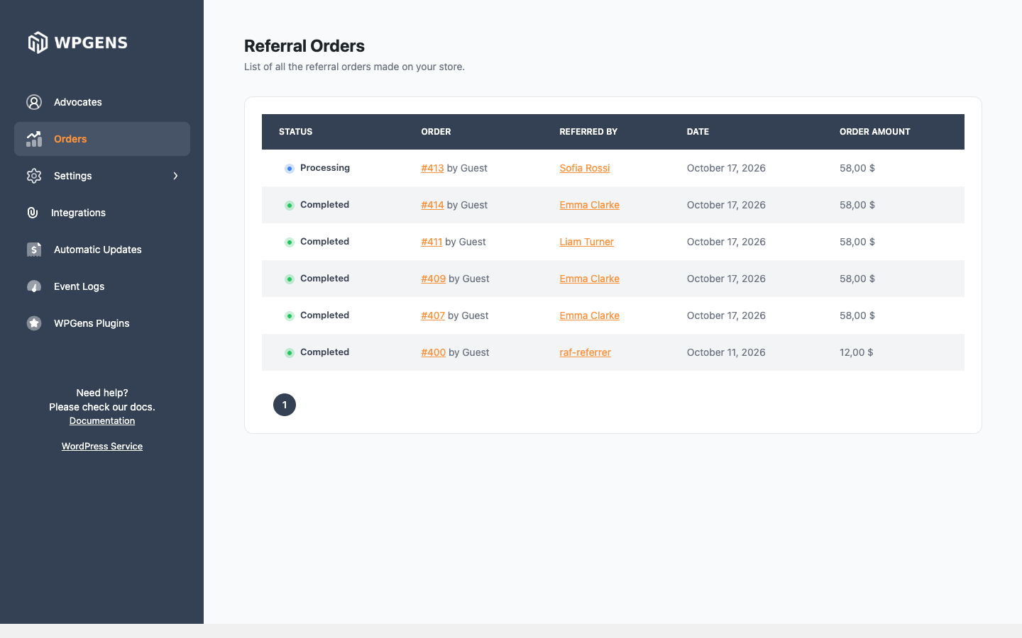 Referral Orders screen