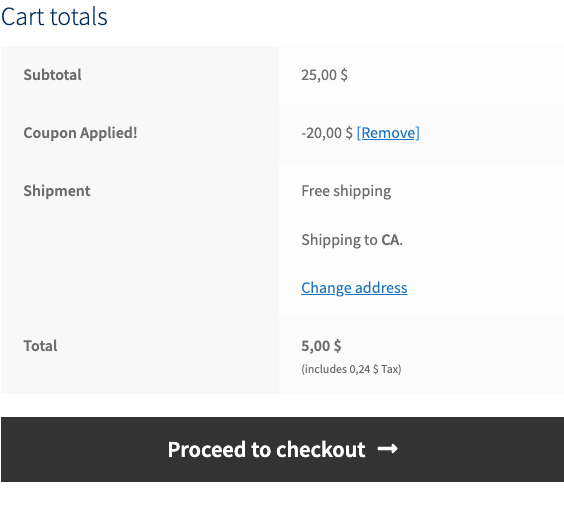 Cart totals with the referral discount applied as Coupon Applied