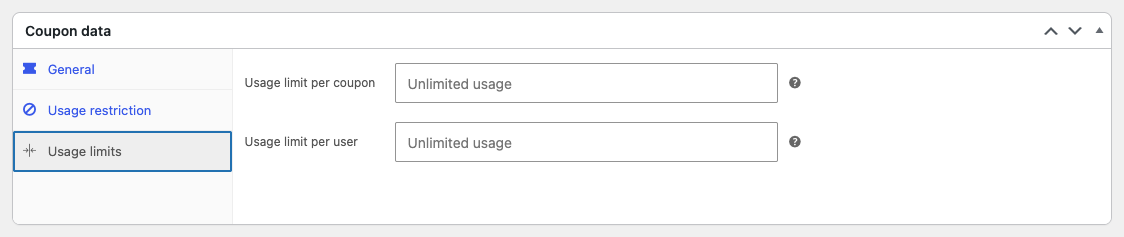 WooCommerce coupon Usage limits tab with both limits left empty