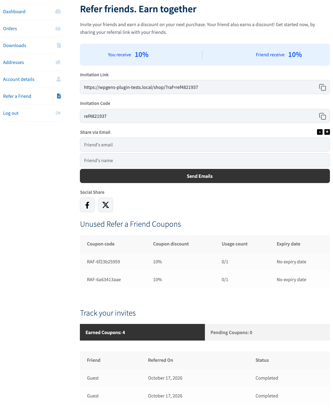The My Account referral tab with the invitation link, code, share options and earned coupons