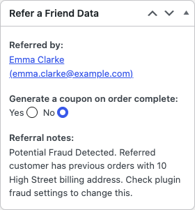 Refer a Friend Data box with a Potential Fraud Detected note about a billing address