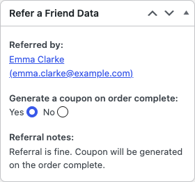 The Refer a Friend Data box on an order