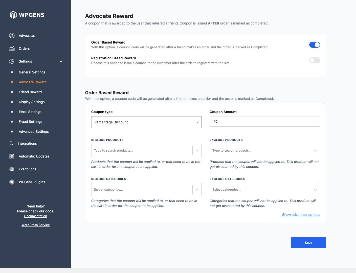Advocate Reward with Order Based Reward on and a 10% percentage discount