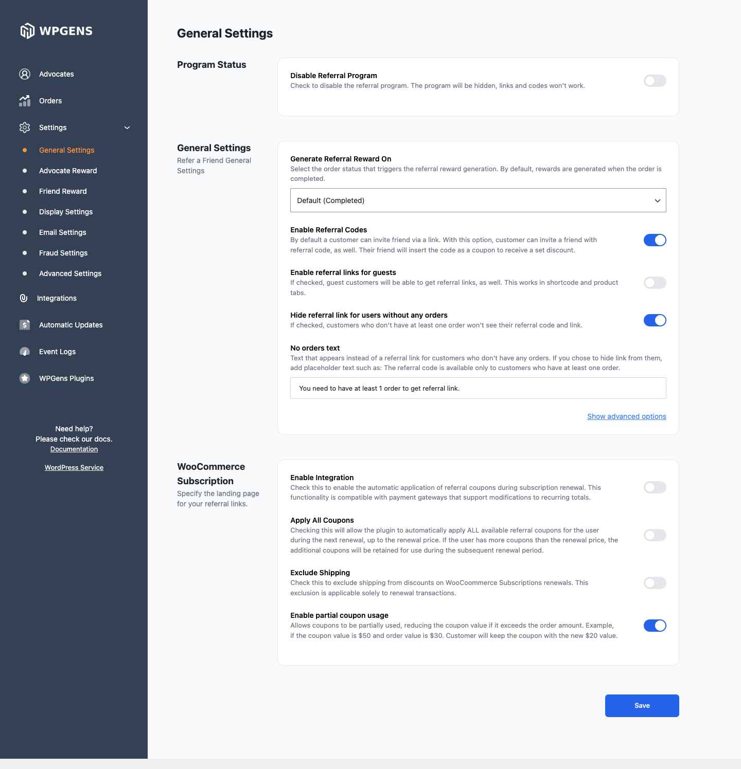 General Settings with the reward status, referral codes and the option to hide links for customers without orders