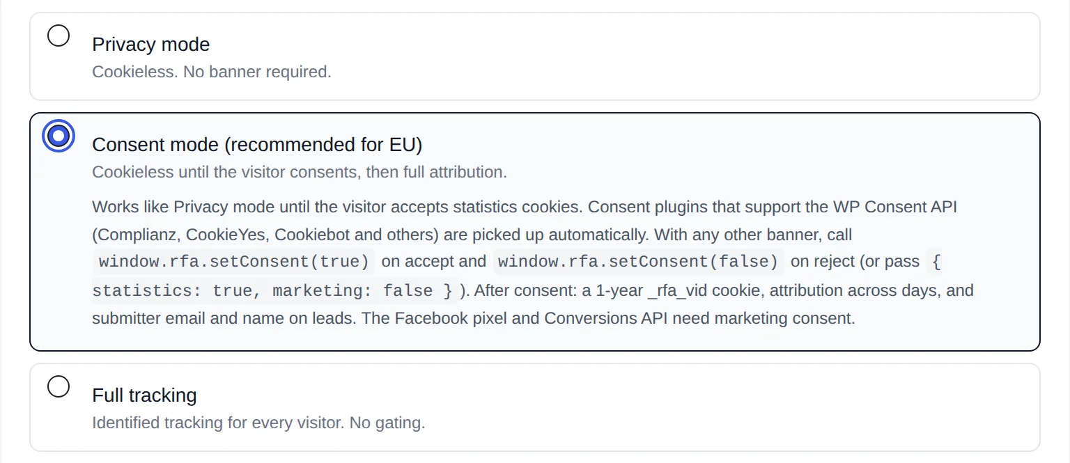 Privacy & GDPR card in Revenue First Analytics settings with Privacy mode, Consent mode and Full tracking options